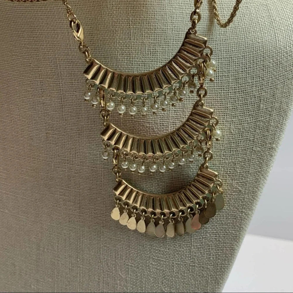 boho Gold tone long tiered colorful beaded necklace fun spring summer